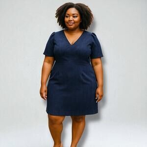 DKNY Navy Faux Suede Puff Sleeve Sheath Dress Size 16 – Elegant V-Neck - NEW